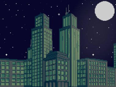 Piksel sanat şehrinin vektör çizimi. Oyun için pixel art retro futuristik arka plan. 8 bit. Piksel Gece Şehri.