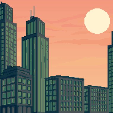 Piksel sanat şehrinin vektör çizimi. Oyun için pixel art retro futuristik arka plan. 8 bit. Piksel günbatımı şehri.