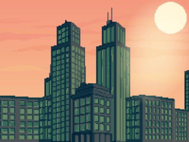 Piksel sanat şehrinin vektör çizimi. Oyun için pixel art retro futuristik arka plan. 8 bit. Piksel günbatımı şehri.