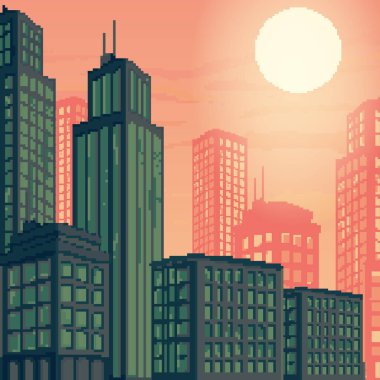 Piksel sanat şehrinin vektör çizimi. Oyun için pixel art retro futuristik arka plan. 8 bit. Piksel günbatımı şehri.