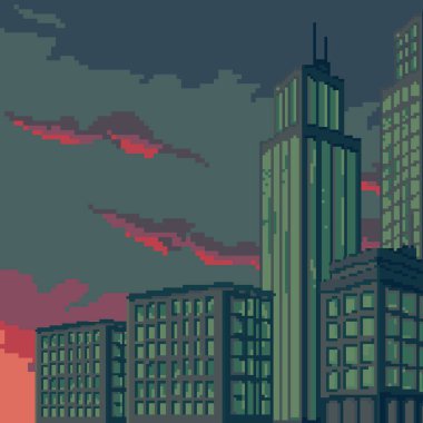 Piksel sanat şehrinin vektör çizimi. Oyun için pixel art retro futuristik arka plan. 8 bit. Piksel günbatımı şehri.