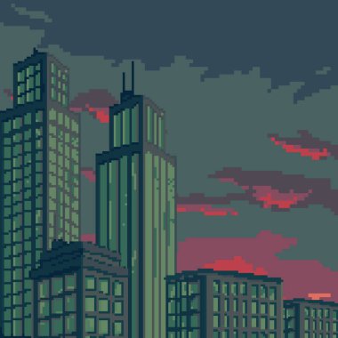Piksel sanat şehrinin vektör çizimi. Oyun için pixel art retro futuristik arka plan. 8 bit. Piksel günbatımı şehri.