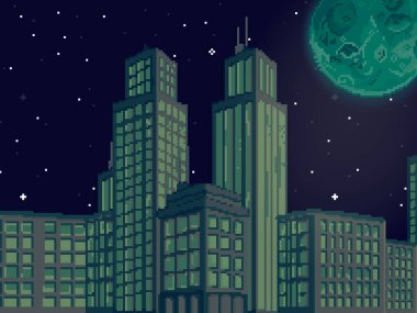 Piksel sanat şehrinin vektör çizimi. Oyun için pixel art retro futuristik arka plan. 8 bit. Piksel Gece Şehri.