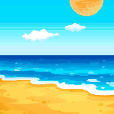 Yaz tatili için pikselin arka planı. Sahilde oyun geçmişi. Piksel resim 8 bit. 