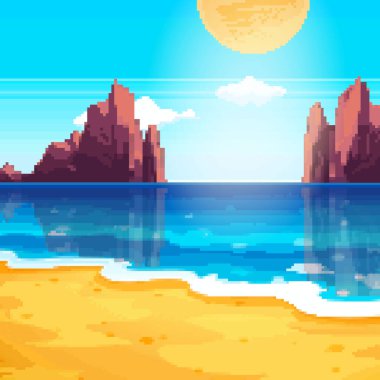 Yaz tatili için pikselin arka planı. Sahilde oyun geçmişi. Piksel resim 8 bit. 