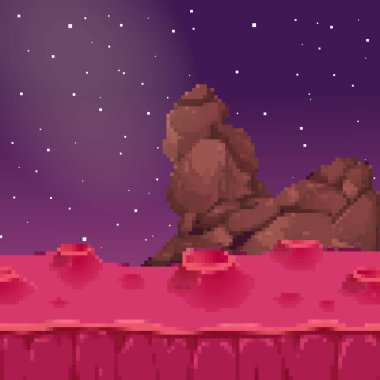 Piksel sanat arka planı. Dağlı, gezegenli ve bulutlu bir yer. Oyun veya uygulama için peyzaj. 8 bit