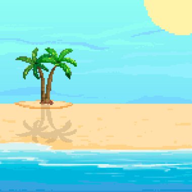 Yaz tatili için pikselin arka planı. Sahilde oyun geçmişi. Piksel resim 8 bit. 