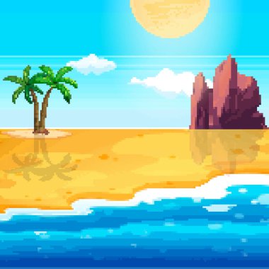 Yaz tatili için pikselin arka planı. Sahilde oyun geçmişi. Piksel resim 8 bit. 