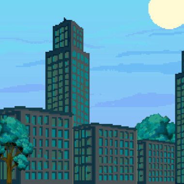 Piksel sanat şehrinin vektör çizimi. Oyun için pixel art retro futuristik arka plan. 8 bit. Piksel Gece Şehri.