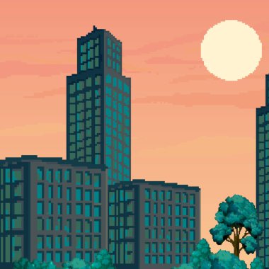 Piksel sanat şehrinin vektör çizimi. Oyun için pixel art retro futuristik arka plan. 8 bit. Piksel Gece Şehri.