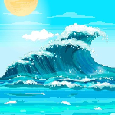 Piksel deniz dalgaları. Yaz pikseli sanatı. 8 bit. Düz biçimli vektör illüstrasyonu