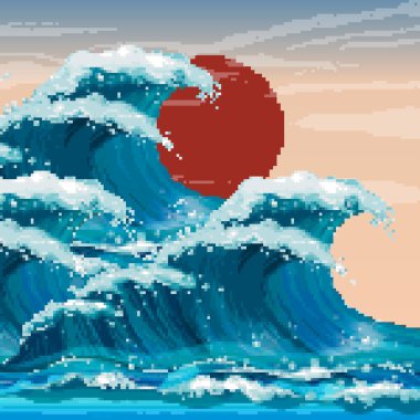 Asya 'nın okyanus dalgaları ve güneş resimlerinin pikseli. Japon dalgaları, motif. Piksel resim 8 bit.
