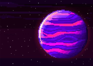 Planet in space. Retro game design interface. Retro computer stars for template or design element with pixel theme. Pixel art background. 8 bit. clipart