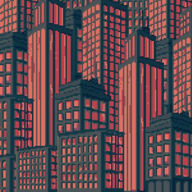 Piksel sanat şehrinin vektör çizimi. Oyun için pixel art retro futuristik arka plan. 8 bit. Piksel günbatımı şehri.