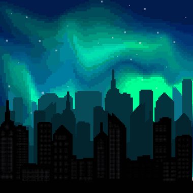 Pixel sanat gecesi gökyüzü, gece şehri, Aurora Borealis, Kuzey Işıkları Etkisi. Piksel arkaplan 8 bit.