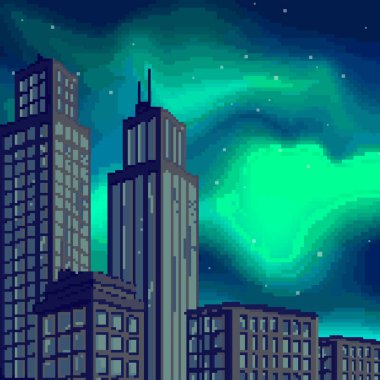 Pixel sanat gecesi gökyüzü, gece şehri, Aurora Borealis, Kuzey Işıkları Etkisi. Piksel arkaplan 8 bit.