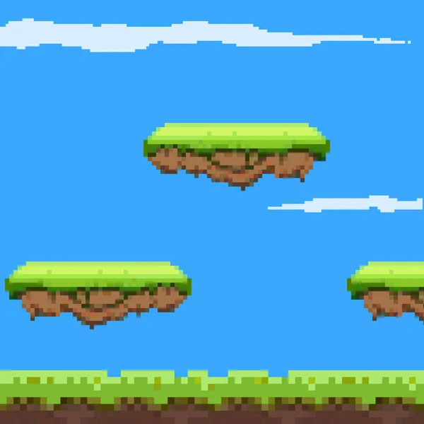 Pixel Art Spiel Hintergrund Boden Gras Himmel Und Wolken Pixelkunst — Stockvektor