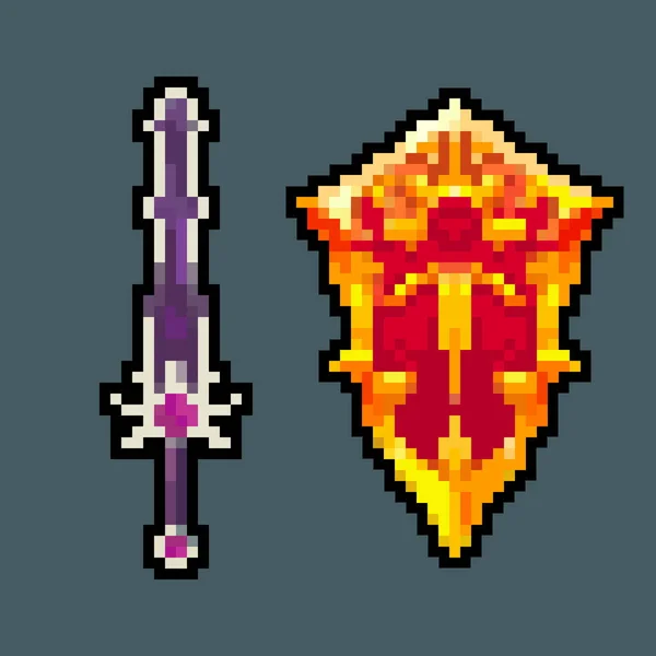Pixelspiel Symbole Bit Schwert Und Schild — Stockvektor