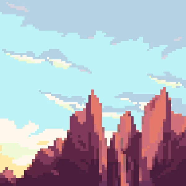 Pixel Art Hintergrund Lage Mit Bergen Sonne Bäumen Und Wolken — Stockvektor