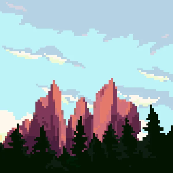 Piksel sanat arka planı. Dağlı, güneşli, ağaçlı ve bulutlu bir yer. Oyun veya uygulama için peyzaj. 8 bit