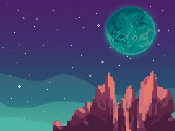 Fundo Arte Pixel Localização Com Montanhas Sol Árvores Nuvens Paisagem — Vetor de Stock