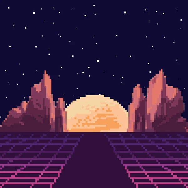 80 'lerin Retro bilim-kurgu arka planının vektör piksel sanatı. Sentetik dalga, Vaporwave, Retrowave. Piksel sanat arka planında dağlar var. 8bit