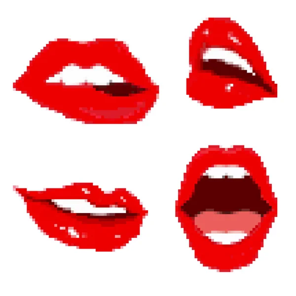 Conjunto Labios Píxel Sexy Pixel Art Bit Dulce Beso — Vector de stock