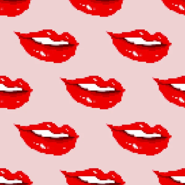 Labbra Modello Senza Cuciture Pixel Art Bit Dolce Bacio — Vettoriale Stock