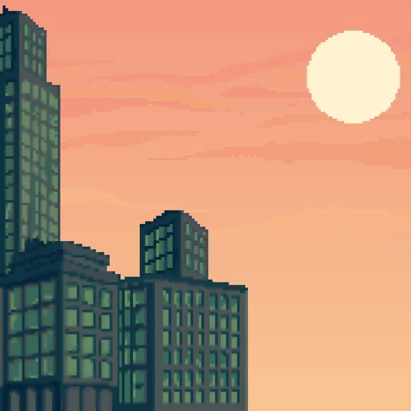 Piksel sanat şehrinin vektör çizimi. Oyun için pixel art retro futuristik arka plan. 8 bit. Piksel günbatımı şehri.