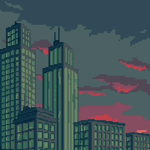 ピクセルアート都市のベクトルイラスト ゲームのためのピクセルアートレトロな未来的な背景 8ビット ピクセル日没都市 — ストックベクタ