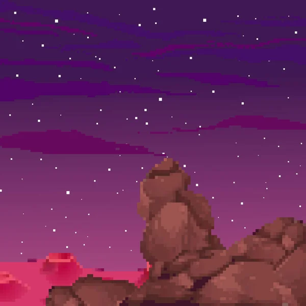 Pixel Kunst Raum Hintergrund Lage Mit Bergen Planeten Und Wolken — Stockvektor