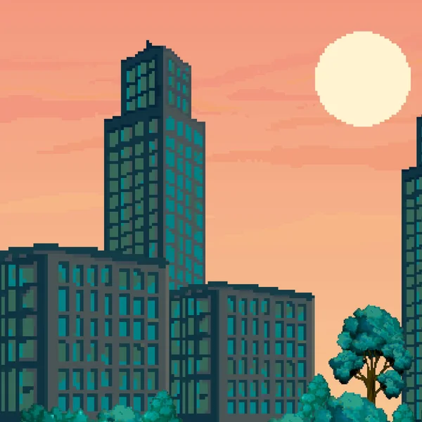 Vektor Illustration Der Pixelkunststadt Pixel Art Retro Futuristischen Hintergrund Für — Stockvektor