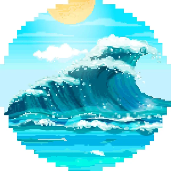 Piksel deniz dalgaları. Yaz pikseli sanatı. 8 bit. Düz biçimli vektör illüstrasyonu