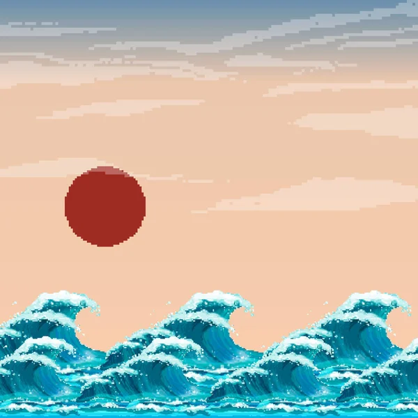 亚细亚艺术中关于海浪和太阳的亚洲图解 日本海浪 Pixel Art — 图库矢量图片