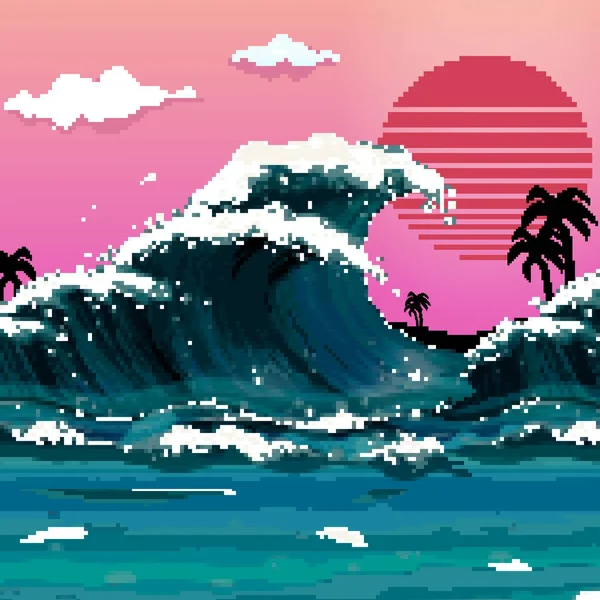 Pixel Kunst Van Aziatische Illustratie Van Oceaan Golven Zon Japanse — Stockvector