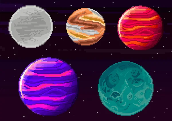 Set Van Pixel Planeten Voor Spel Vector Van Sterrenhemel Retro — Stockvector