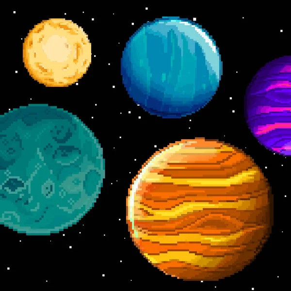 ゲーム用のピクセル惑星のセット レトロなピクセルアートスタイルの星空のベクトル 宇宙船 ピクセルアートゲームの場所 8ビットの背景 — ストックベクタ