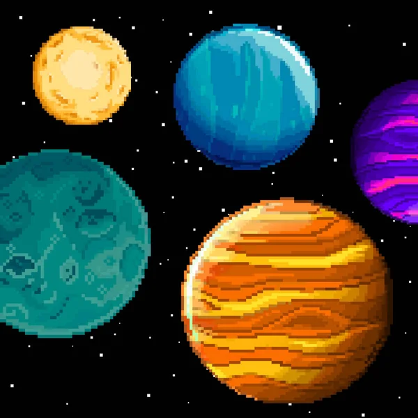 Uppsättning Pixelplaneter För Spel Vektor Stjärnhimmel Retropixel Konst Stil Planet — Stock vektor