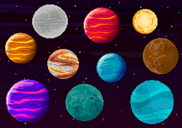 Oyun için piksel gezegenler seti. Yıldızlı gökyüzünün retro piksel sanat tarzında taşıyıcısı. Gezegen, Jüpiter, uzay gemisi. Pikselin resim oyunu yeri. 8 bit arkaplan.