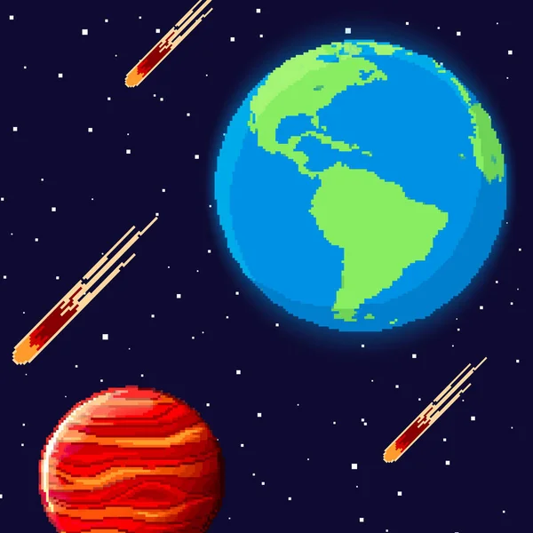 太空中的地球像素地球 小行星的矢量 复古游戏设计界面 Pixel艺术背景 — 图库矢量图片