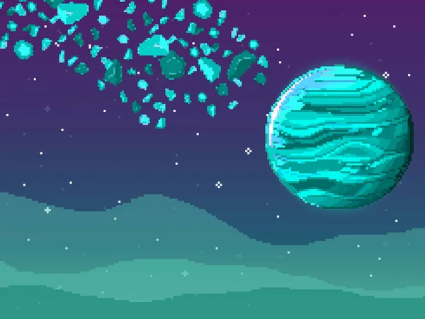 Pixel Kunstplaneet Ruimte Met Asteroïden Retro Spel Ontwerp Interface Pixel — Stockvector