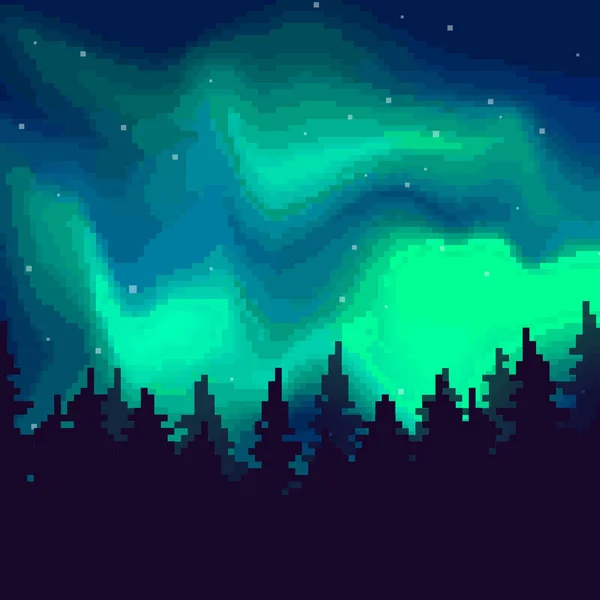 Pixel Art Night Sky Aurora Borealis Northern Lights Effect Fundo — Vetor de Stock