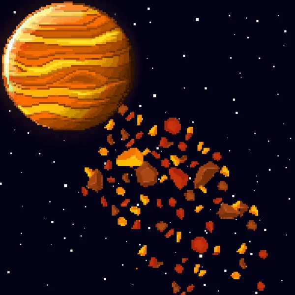 Pixel艺术行星在太空与小行星 复古游戏设计界面 Pixel艺术空间背景 — 图库矢量图片