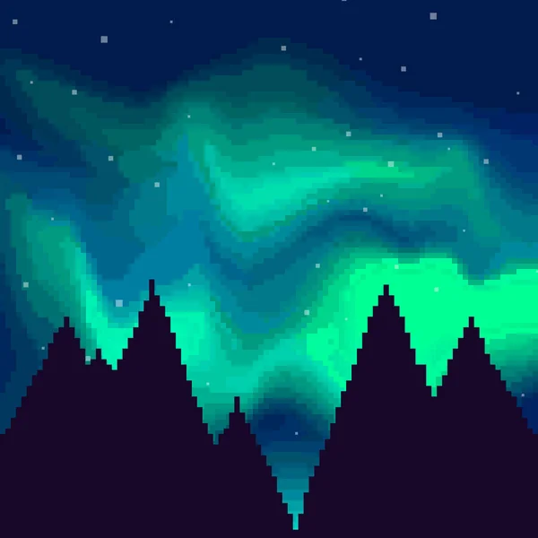 Pixel Art Night Sky Aurora Borealis Northern Lights Effect Fundo — Vetor de Stock
