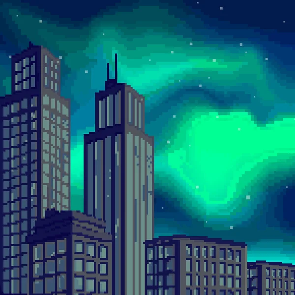 Pixel Kunst Nachthimmel Nachtstadt Polarlichter Nordlichteffekt Pixel Hintergrund Bit — Stockvektor