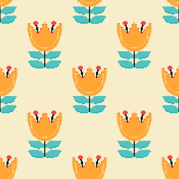 Fondo Patrón Flores Retro Sin Costura Vectorial Pixel Art Bits — Archivo Imágenes Vectoriales