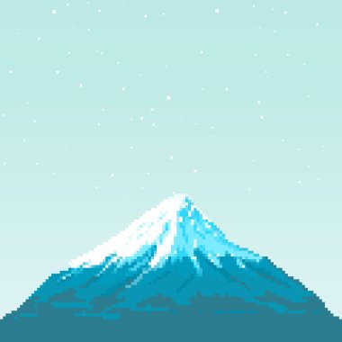 Gün batımında Fuji Dağı ve kırmızı güneş. Japonya. Piksel resim 8 bit.