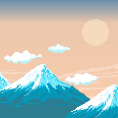 Gün batımında Fuji Dağı ve kırmızı güneş. Japonya. Piksel resim 8 bit.