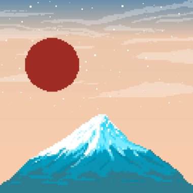 Gün batımında Fuji Dağı ve kırmızı güneş. Japonya. Piksel resim 8 bit.