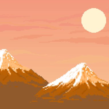 Gün batımında Fuji Dağı ve kırmızı güneş. Japonya. Piksel resim 8 bit.
